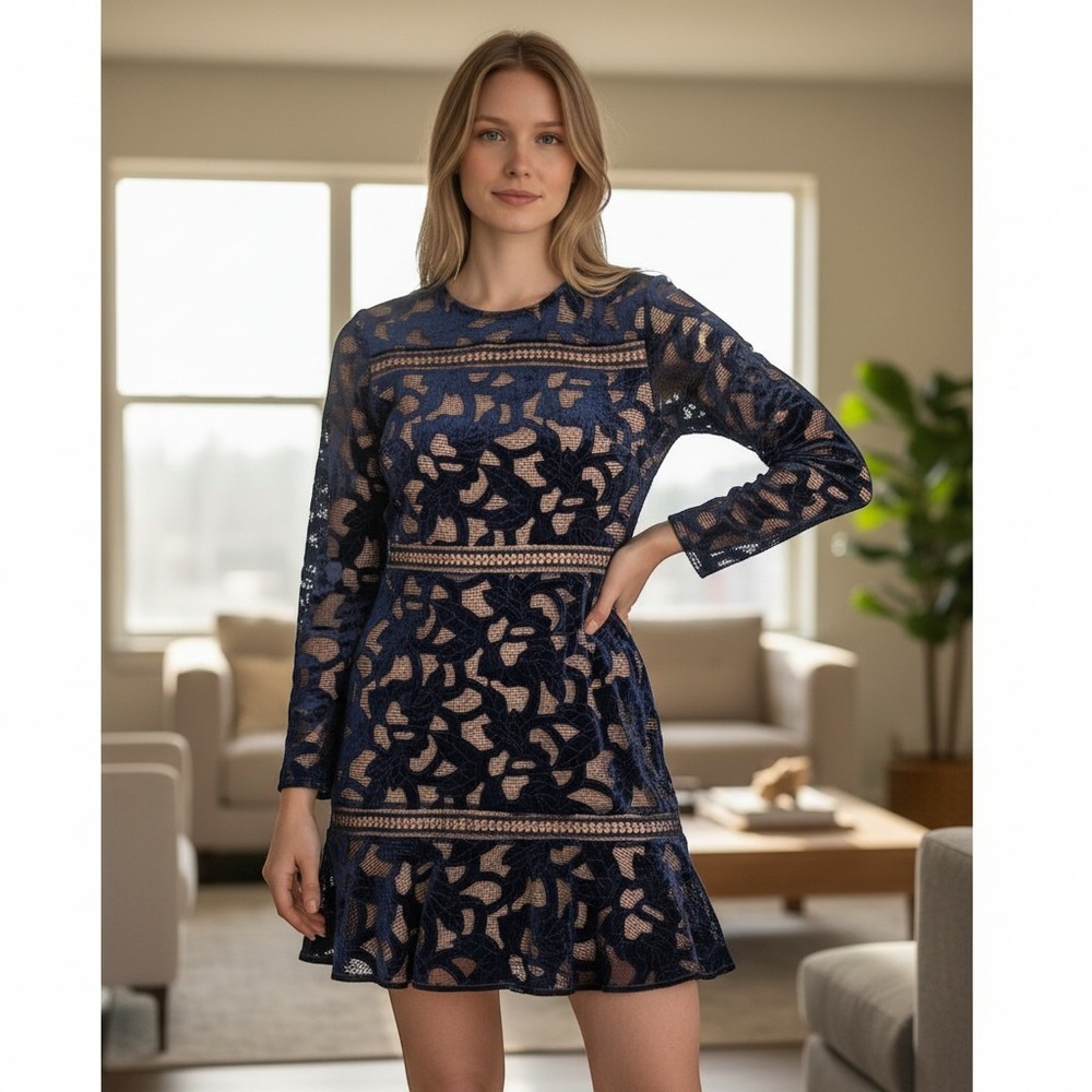 Adelyn Rae Navy Blue Burnout Velvet Lace Mini Dress Long Sleeve Ruffle Hem Small